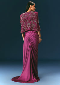 Purple Embroidered Blouse With Jacket And Draped Skirt