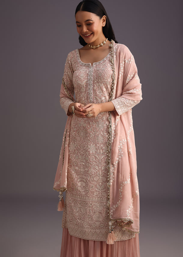 Peach Lucknowi Work Kurti With Flared Palazzo And Resham Dupatta