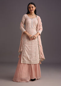 Peach Lucknowi Work Kurti With Flared Palazzo And Resham Dupatta