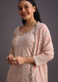 Peach Lucknowi Work Kurti With Flared Palazzo And Resham Dupatta