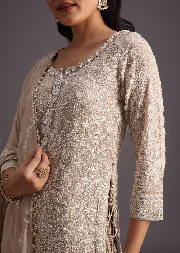 Beige Lucknowi Kurti With Flared Palazzo And Resham Work Dupatta