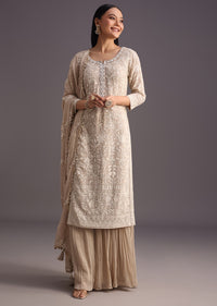 Beige Lucknowi Kurti With Flared Palazzo And Resham Work Dupatta