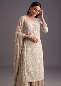 Beige Lucknowi Kurti With Flared Palazzo And Resham Work Dupatta