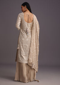 Beige Lucknowi Kurti With Flared Palazzo And Resham Work Dupatta