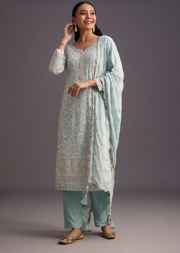 Blue Lucknowi Kurti With Resham Work Dupatta And Gotta Border