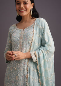 Blue Lucknowi Kurti With Resham Work Dupatta And Gotta Border