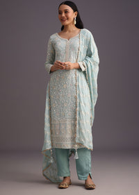 Blue Lucknowi Kurti With Resham Work Dupatta And Gotta Border