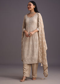 Beige Lucknowi Work Kurti And Dupatta