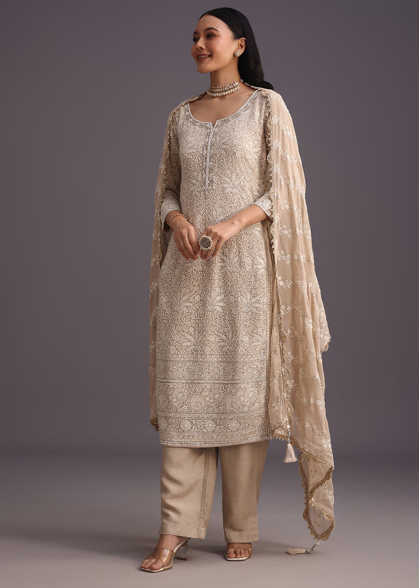 Beige Lucknowi Work Kurti And Dupatta