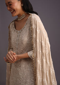 Beige Lucknowi Work Kurti And Dupatta