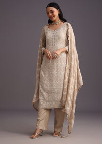 Beige Lucknowi Work Kurti And Dupatta