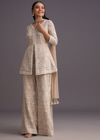 Beige Lucknowi Kurti Palazzo With Net Dupatta