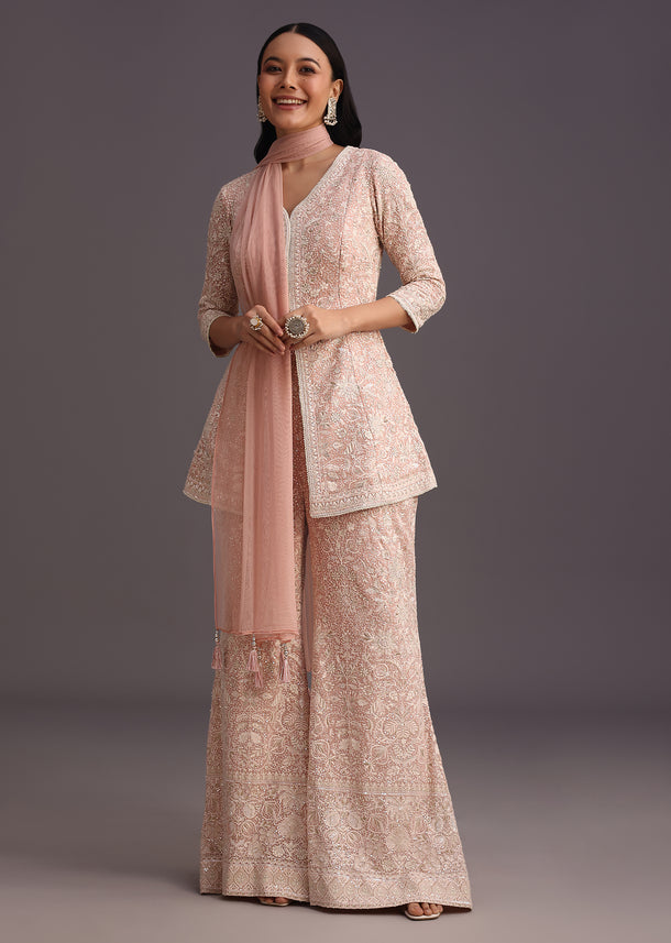 Pink Lucknowi Kurti Palazzo With Net Dupatta