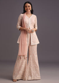 Pink Lucknowi Kurti Palazzo With Net Dupatta