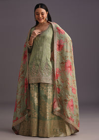 Green Embroidered Kurti With Banarasi Weave Palazzo And Printed Butti Work Dupatta