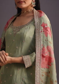 Green Embroidered Kurti With Banarasi Weave Palazzo And Printed Butti Work Dupatta