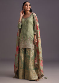 Green Embroidered Kurti With Banarasi Weave Palazzo And Printed Butti Work Dupatta