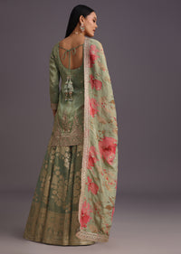 Green Embroidered Kurti With Banarasi Weave Palazzo And Printed Butti Work Dupatta