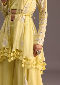 Yellow Resham Work Jacket And Croptop Palazzo Set