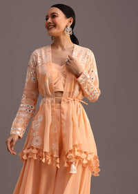 Peach Resham Work Jacket And Croptop Palazzo Set