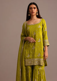 Green Sequins Kurti Sharara With Chanderi Banarasi Dupatta