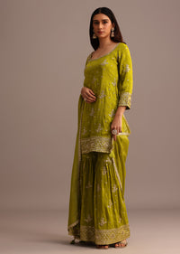 Green Sequins Kurti Sharara With Chanderi Banarasi Dupatta