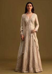 Beige Zari Work Anarkali Suit With Dupatta