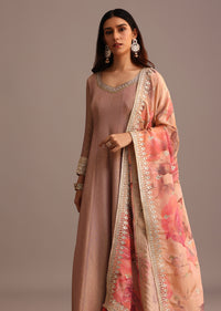 Purple Mauve Embroidered Anarkali Suit With Floral Printed Dupatta