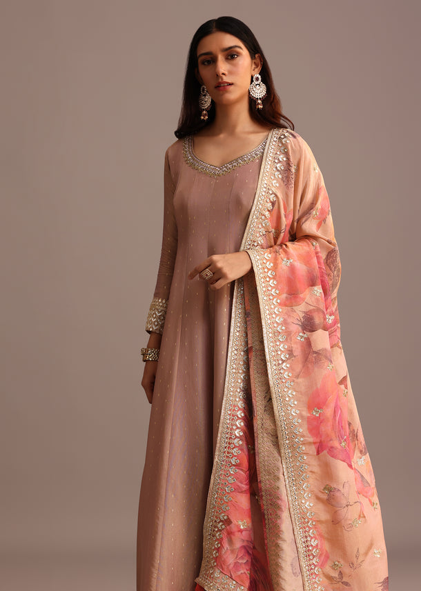 Purple Mauve Embroidered Anarkali Suit With Floral Printed Dupatta