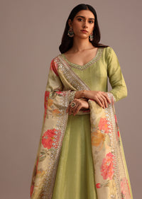 Green Embroidered Anarkali Suit With Floral Printed Dupatta