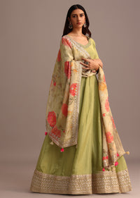 Green Embroidered Anarkali Suit With Floral Printed Dupatta