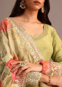 Green Embroidered Anarkali Suit With Floral Printed Dupatta