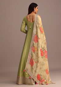 Green Embroidered Anarkali Suit With Floral Printed Dupatta