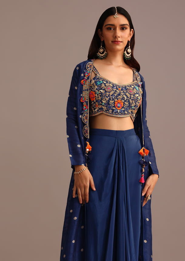 Blue Embroidered Croptop With Drape Skirt And Tussar Jacket