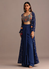 Blue Embroidered Croptop With Drape Skirt And Tussar Jacket