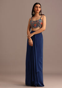 Blue Embroidered Croptop With Drape Skirt And Tussar Jacket