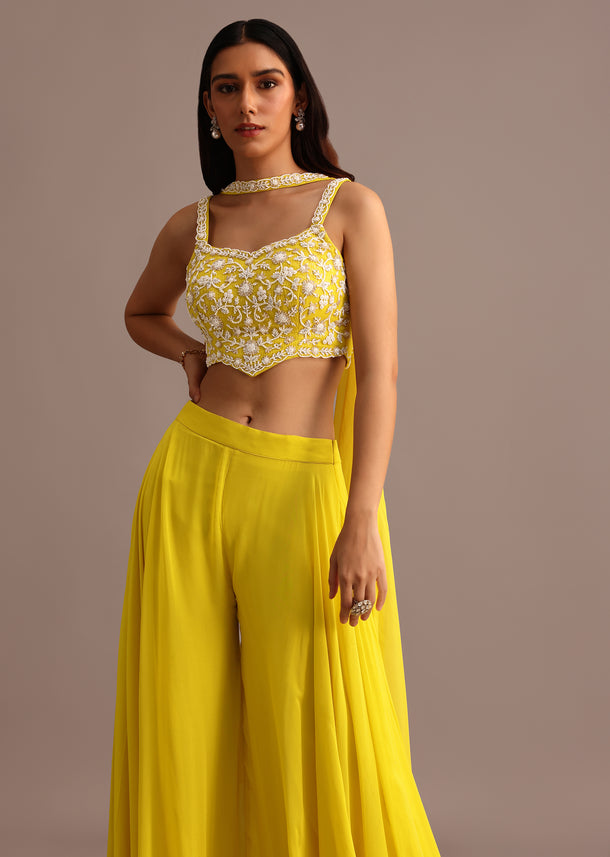 Yellow Embellished Croptop Palazzo Set With Dupatta