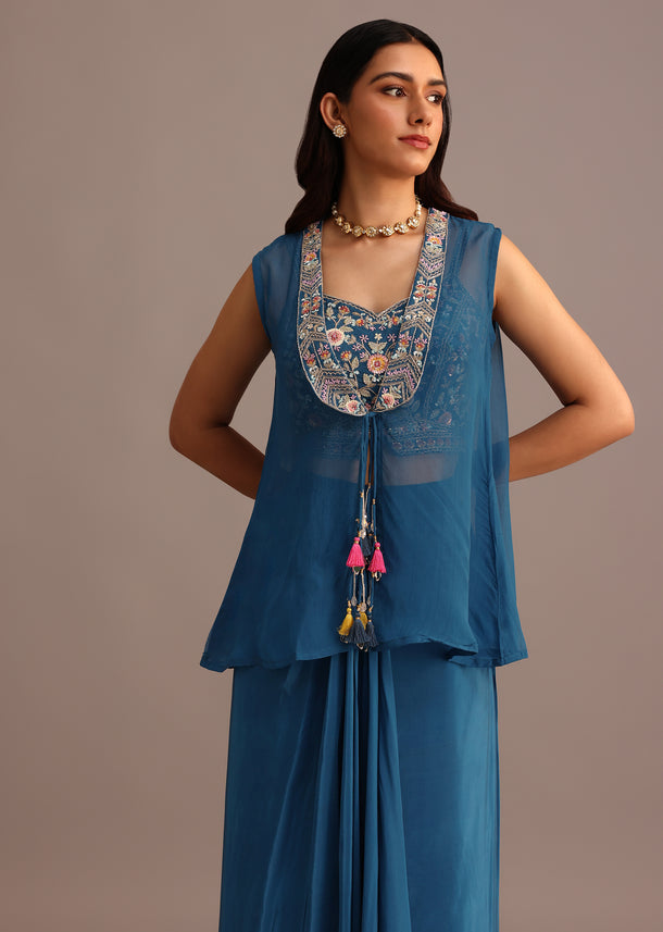 Blue Embroidered Croptop With Drape Skirt And Organza Jacket