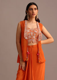 Orange Embroidered Croptop With Draped Skirt And Organza Jacket