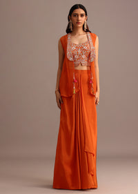 Orange Embroidered Croptop With Draped Skirt And Organza Jacket