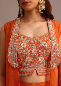 Orange Embroidered Croptop With Draped Skirt And Organza Jacket