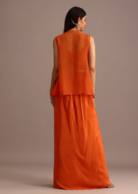 Orange Embroidered Croptop With Draped Skirt And Organza Jacket