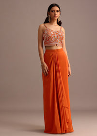 Orange Embroidered Croptop With Draped Skirt And Organza Jacket