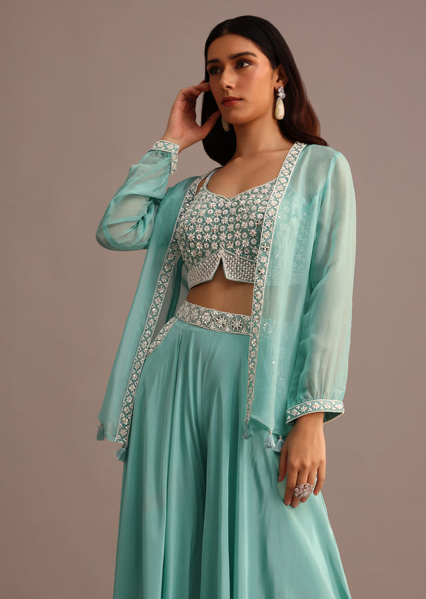 Blue Embellished Croptop Palazzo Set With Organza Jacket