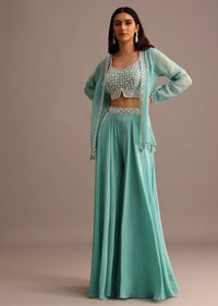 Blue Embellished Croptop Palazzo Set With Organza Jacket