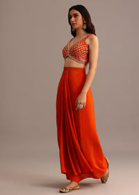 Orange Embroidered Croptop With Pleated Skirt And Chanderi Jacket