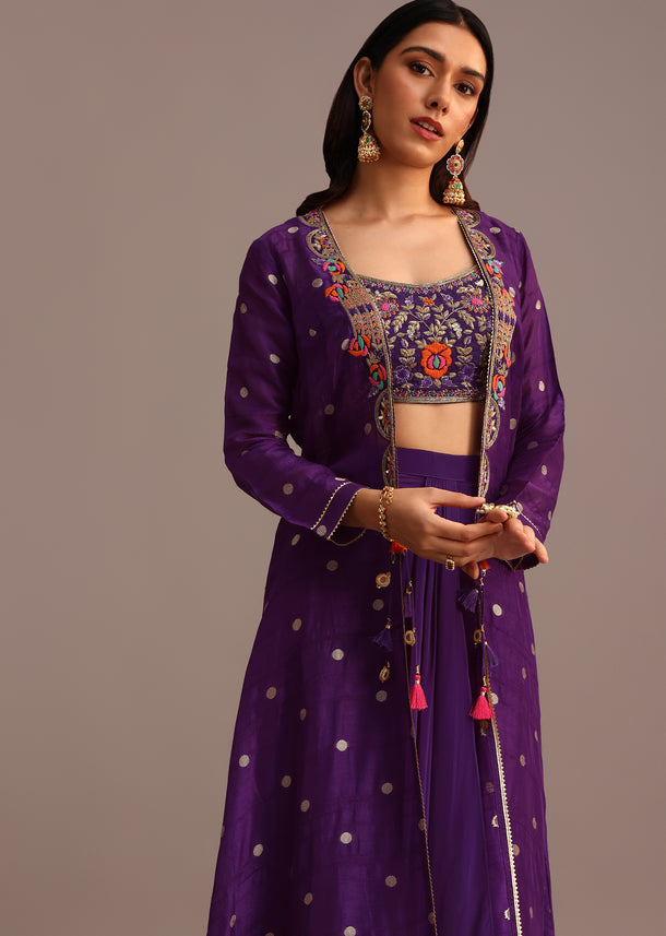 Purple Embroidered Croptop With Drape Skirt And Tussar Jacket