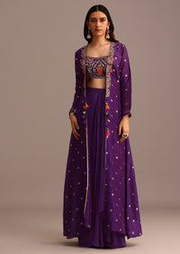 Purple Embroidered Croptop With Drape Skirt And Tussar Jacket