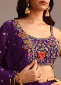 Purple Embroidered Croptop With Drape Skirt And Tussar Jacket