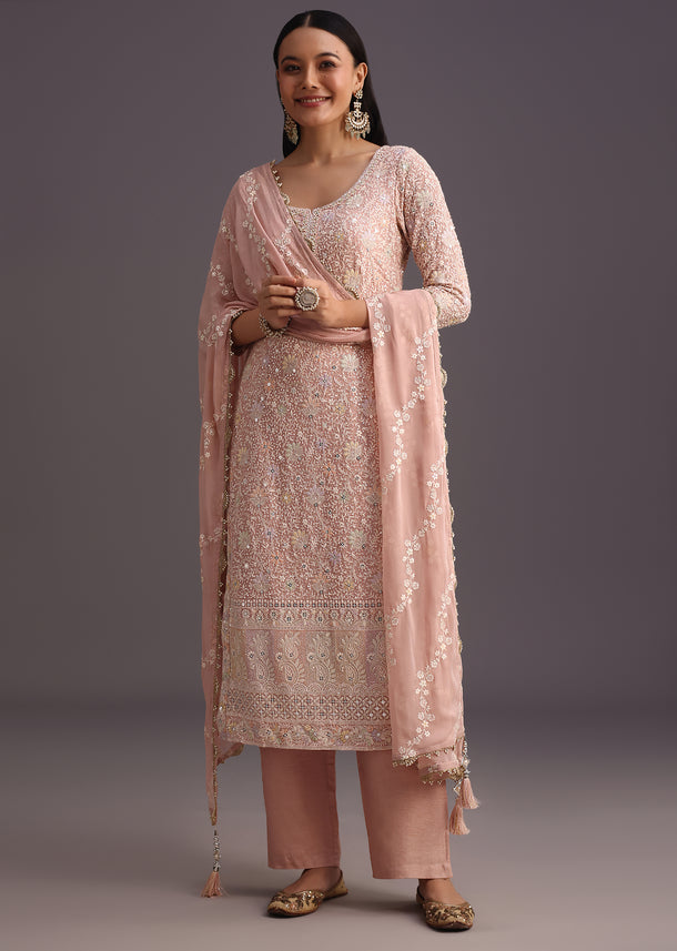 Peach Lucknowi Kurti With Resham Dupatta And Gotta Work Border